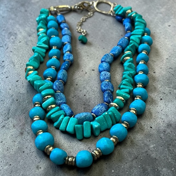 Chico's Layered Turquoise & Teal Beaded Necklace with Gold Accents - Picture 3 of 6